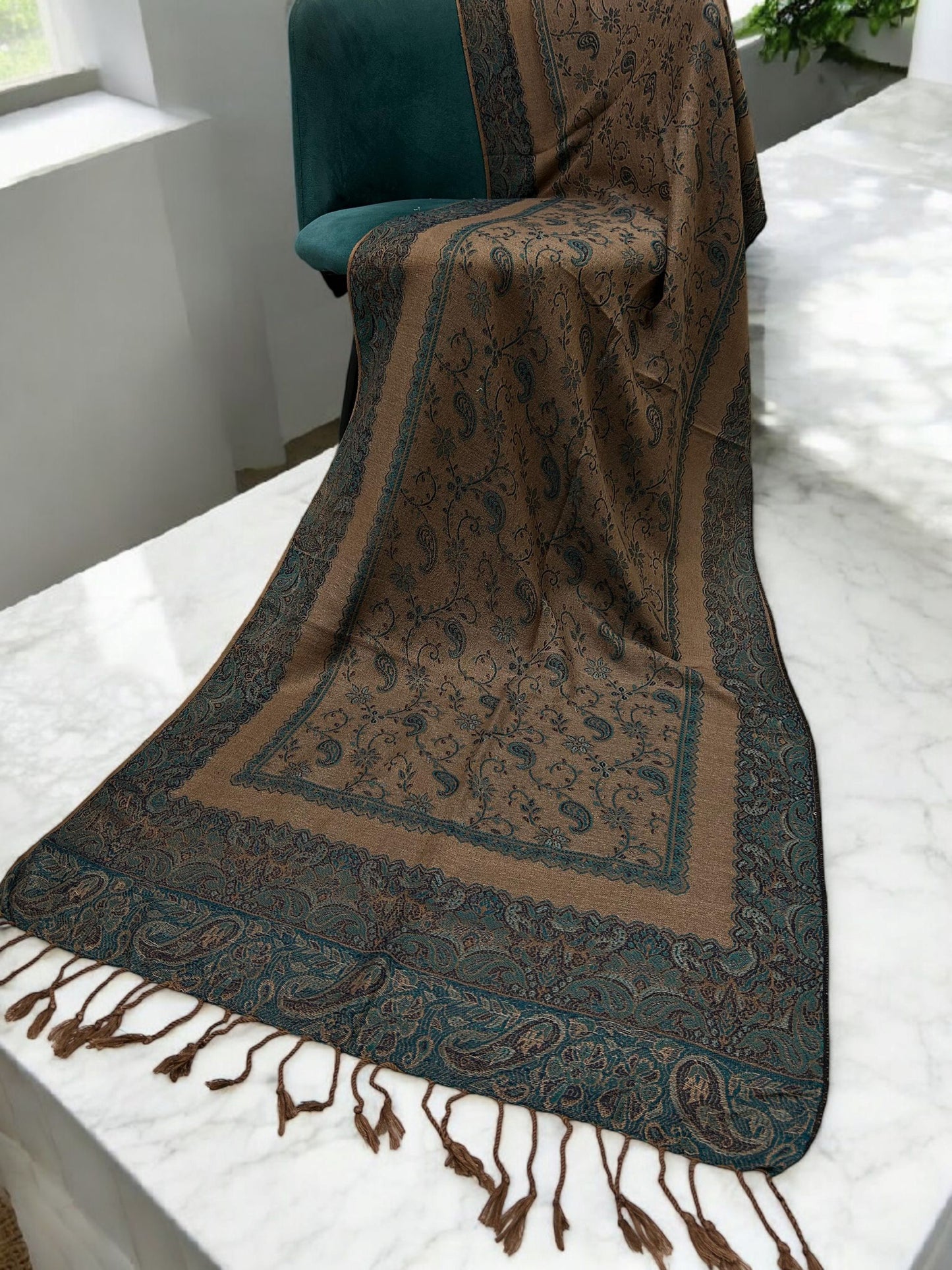 Beige Turquoise Lilac Little Paisleys Two-Tone Pashmina Hijab