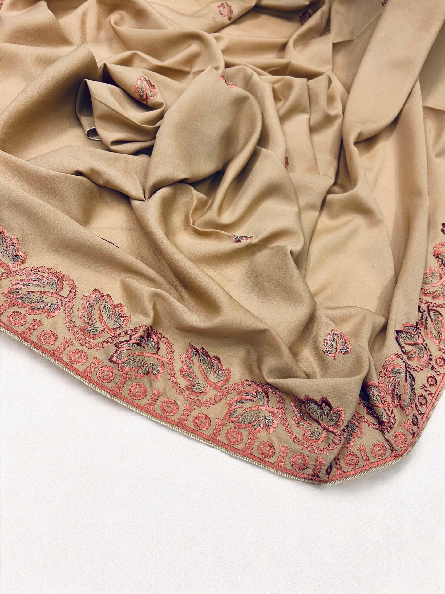 Khaki Coral Leaflets Fancy Embroidered Shaal