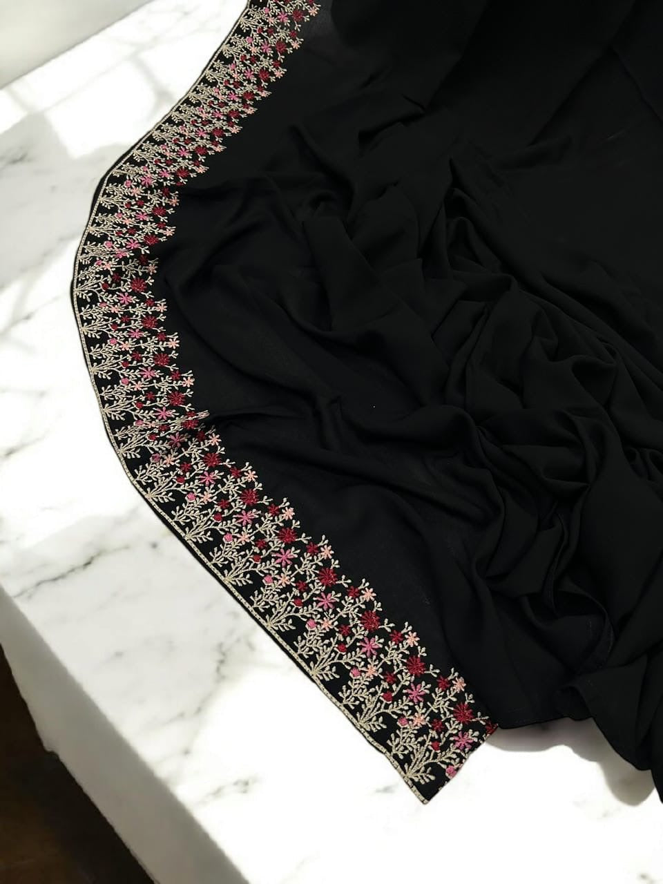 Luxury Black Floral Garden Border Korean Shaal