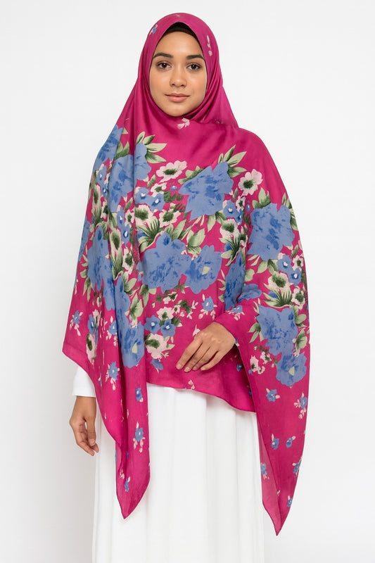 Large Satin Silk Scarf - Pink Blue Floral
