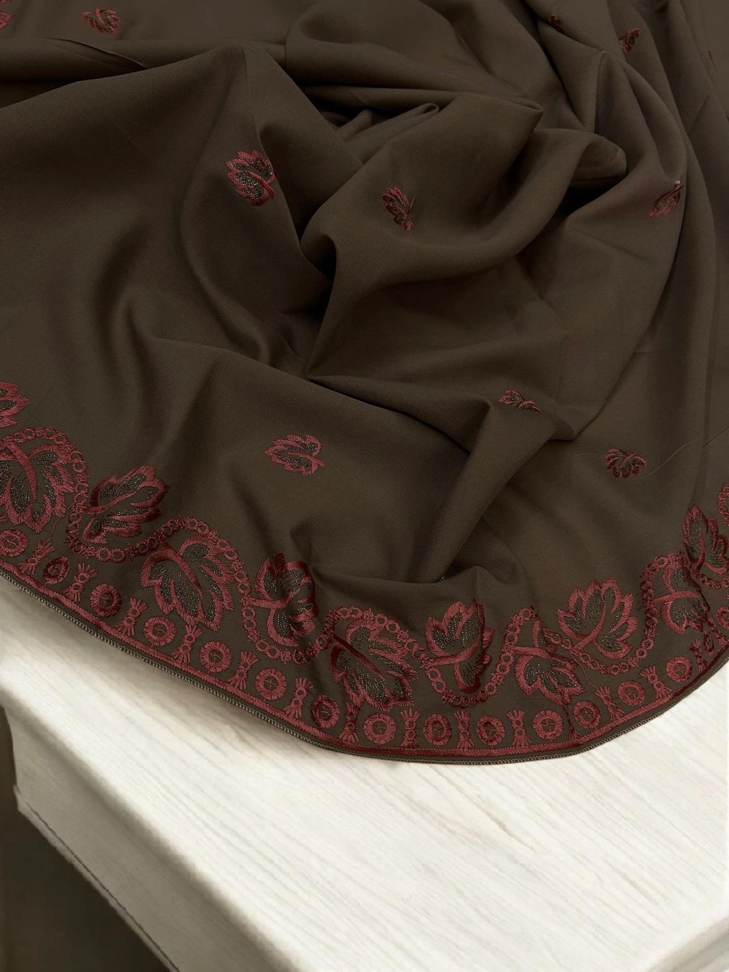 Soil Brown Coral Leaflets Fancy Embroidered Shaal