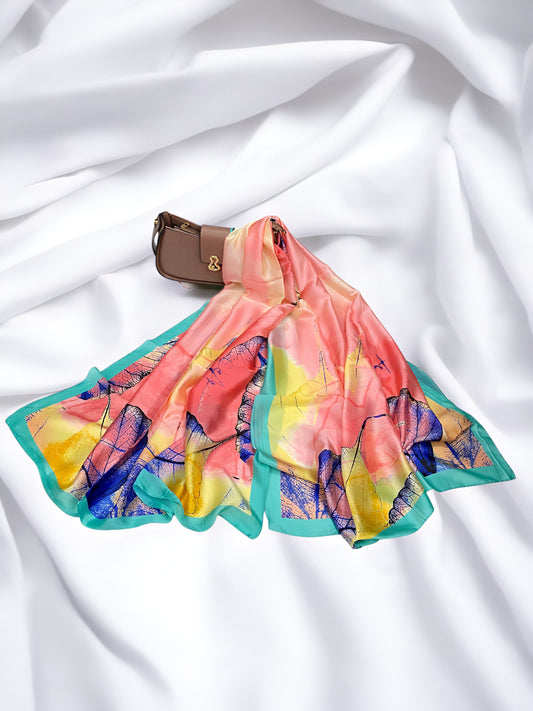 Large Satin Silk Scarf - Coral Splash