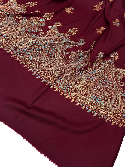 Maroon Gold - Hand Embroidered Paisley Kashmiri Shawl