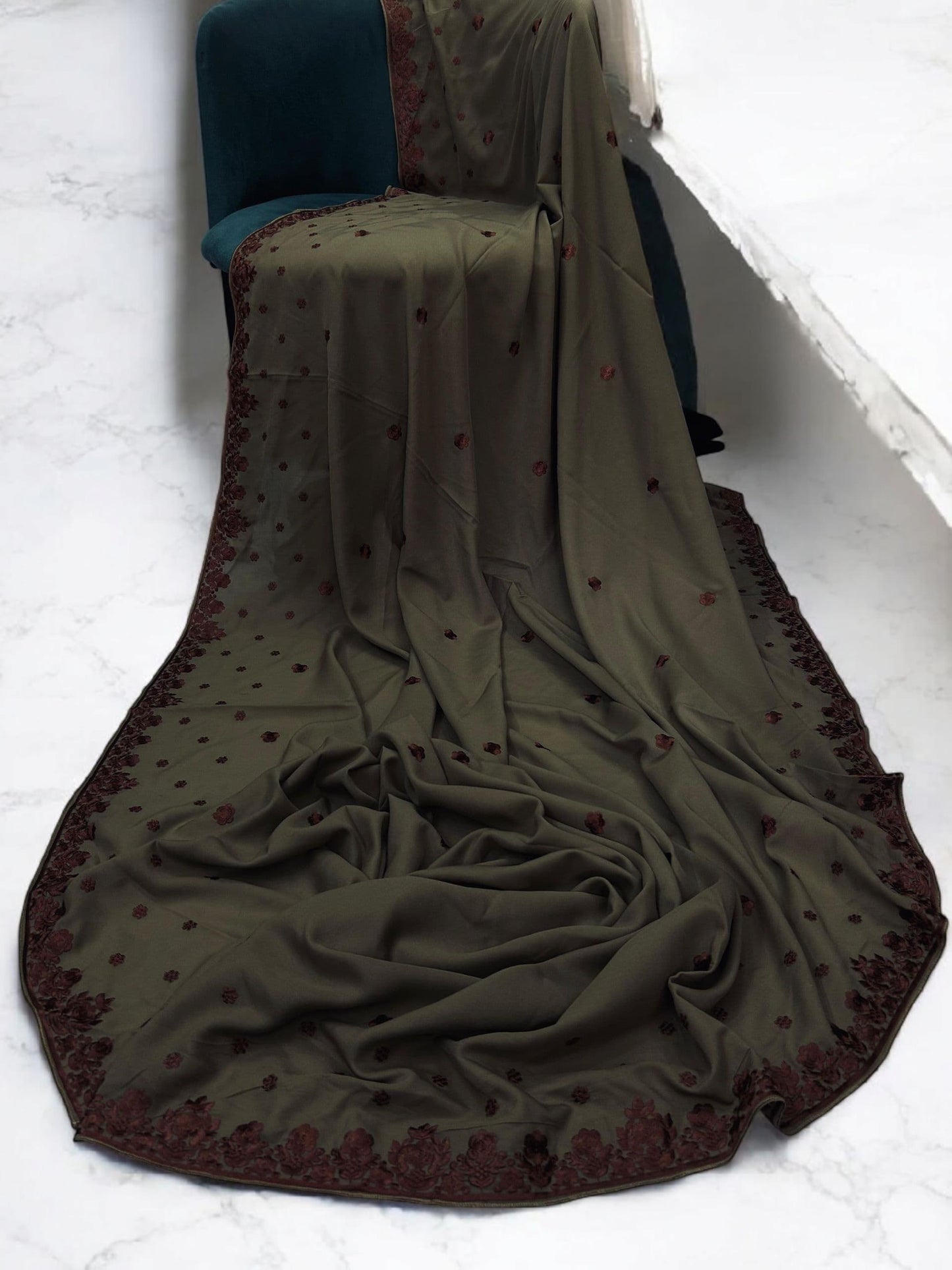 Cedar Dark Peach Floral Embroidered Border Shaal