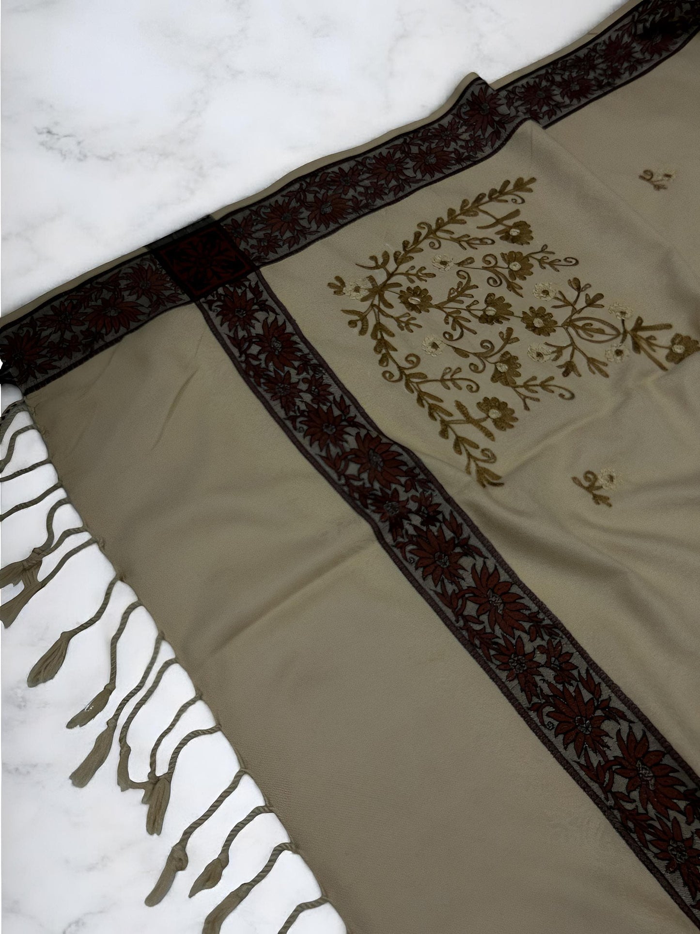 Khaki Mahogany Border Embroidered Brown Floral Shawl
