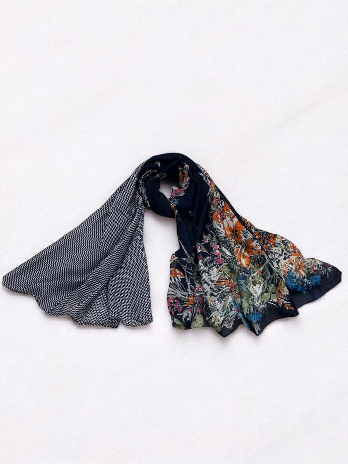 Black Geometric Multi Floral Printed Modal Hijab