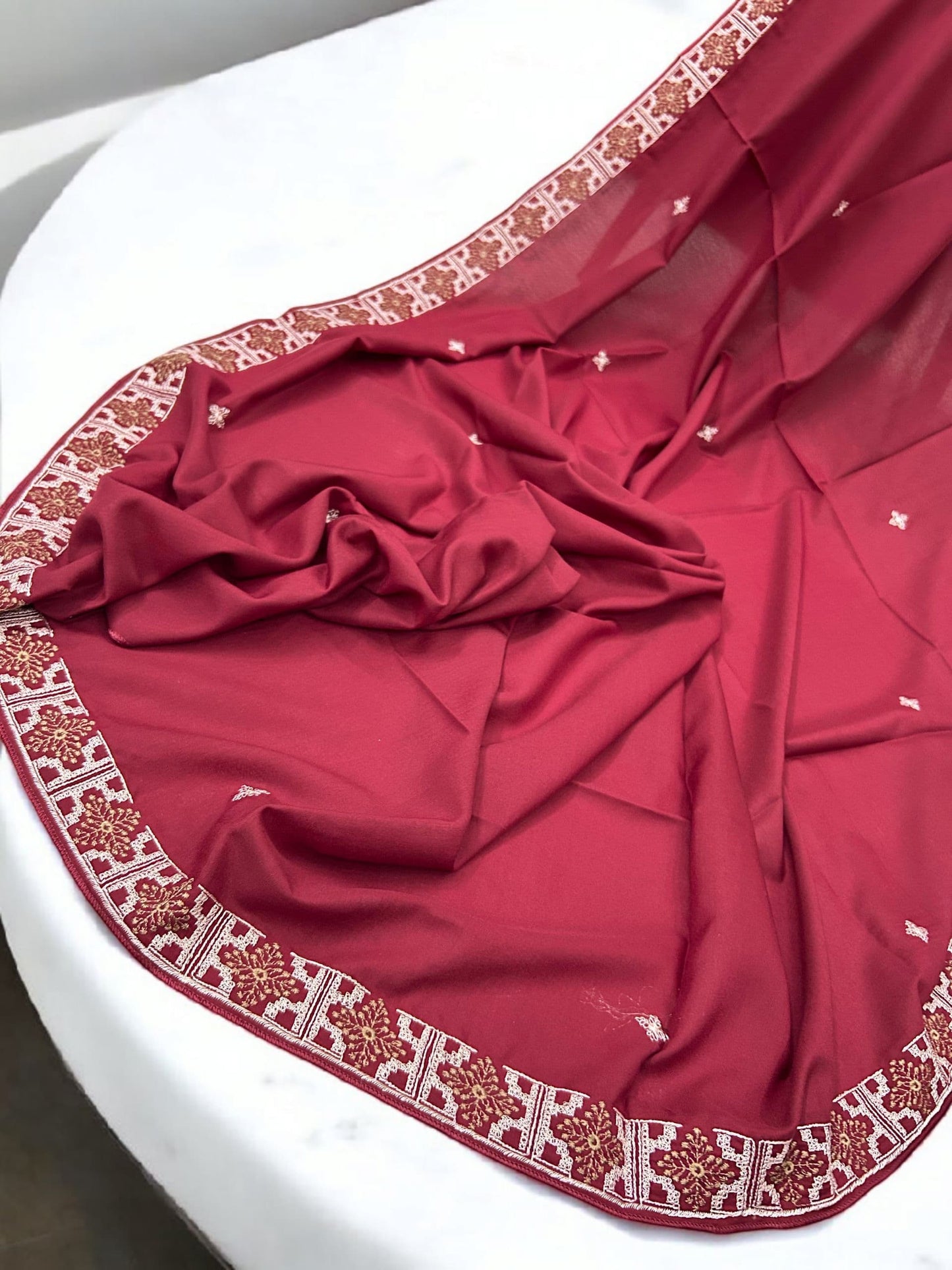Red Grey Floral Threadwork Border Shaal