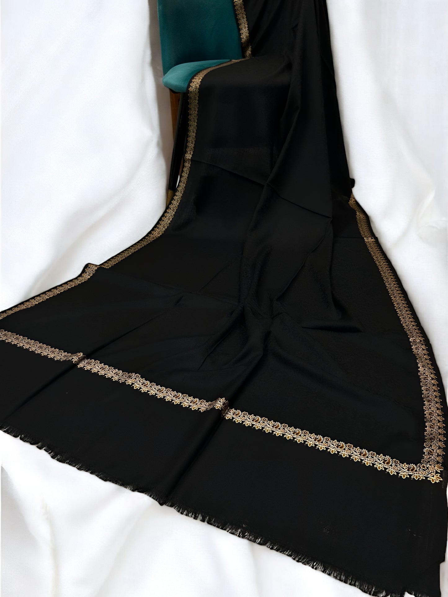 Black - Plain Kashmiri Border Shawl