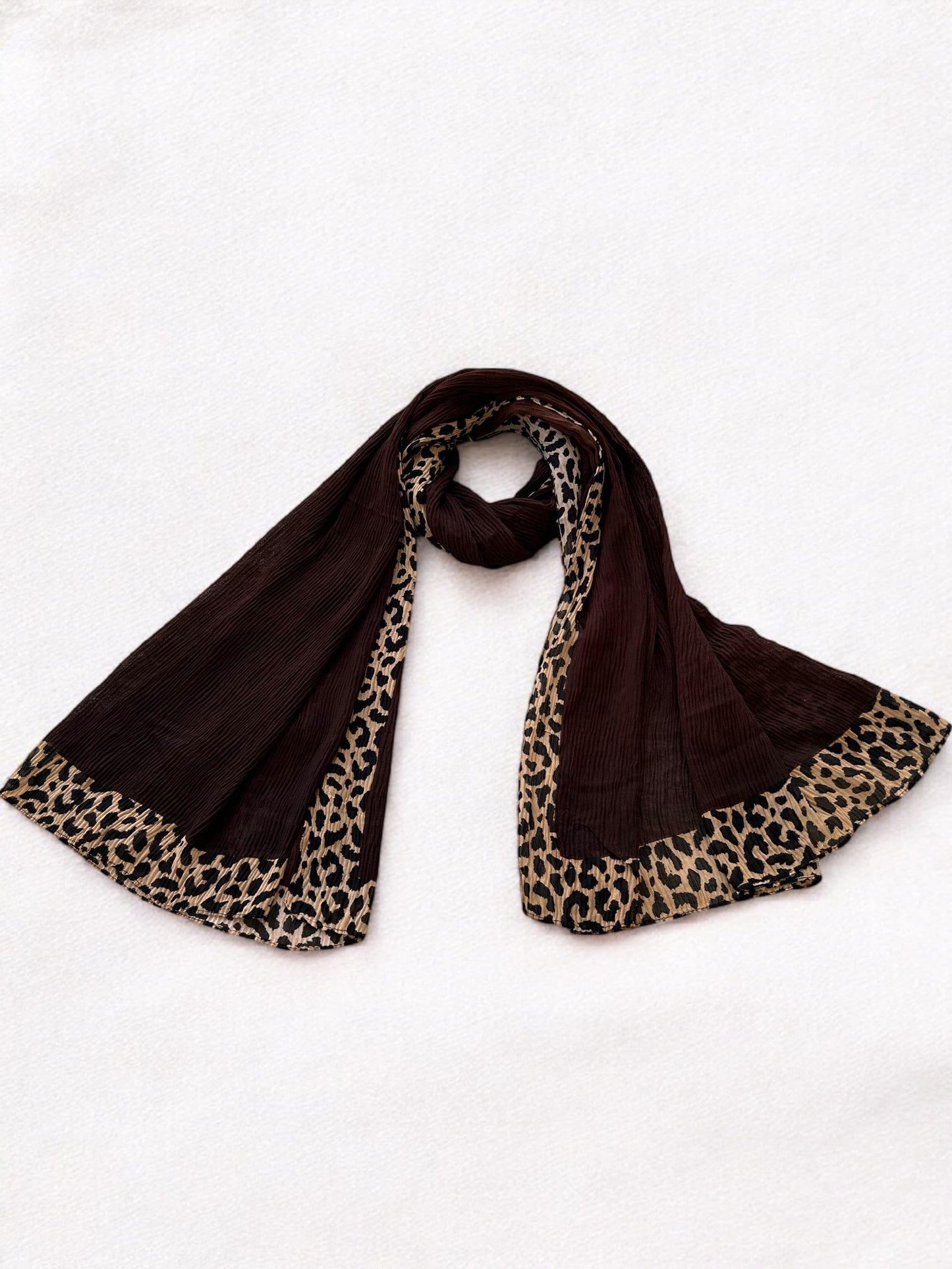 Dark Brown Leopard Border Printed Pleated Modal Hijab