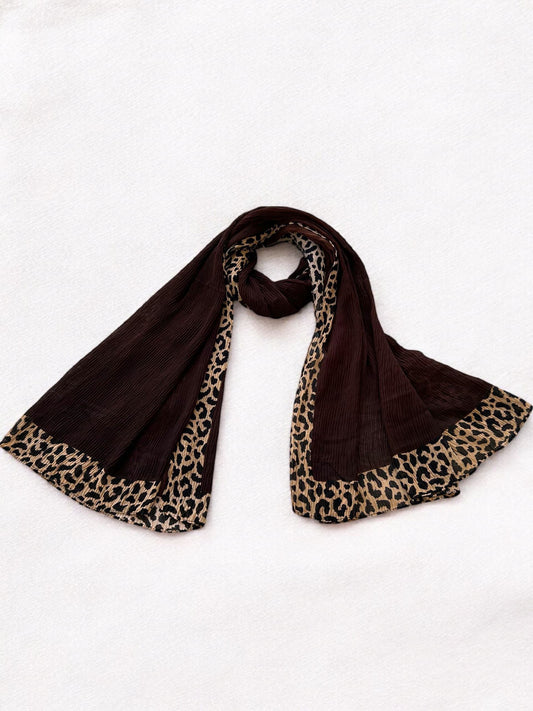 Dark Brown Leopard Border Printed Pleated Modal Hijab