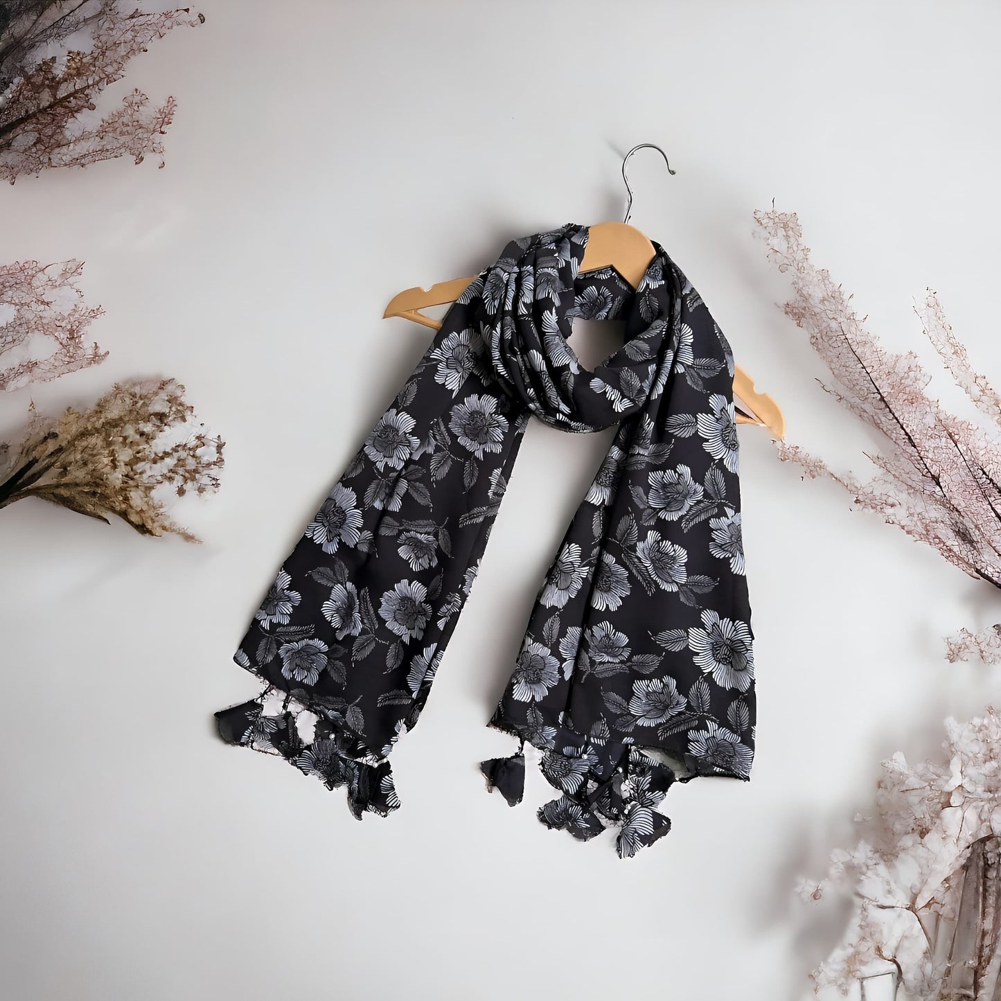 Black floral Printed Lawn Hijab