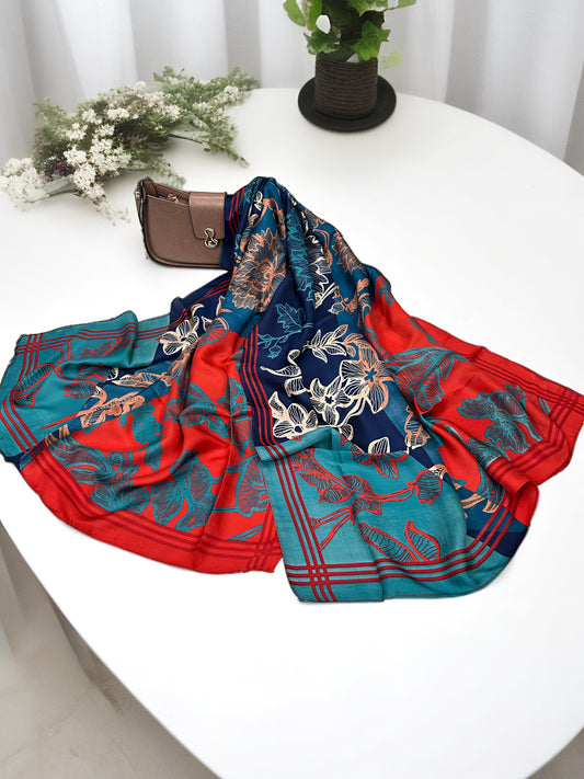 Large Satin Silk Scarf - Red Blue Floral