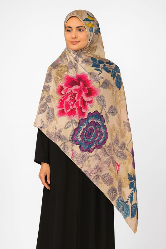 Large Satin Silk Scarf - Beige Peony Floral