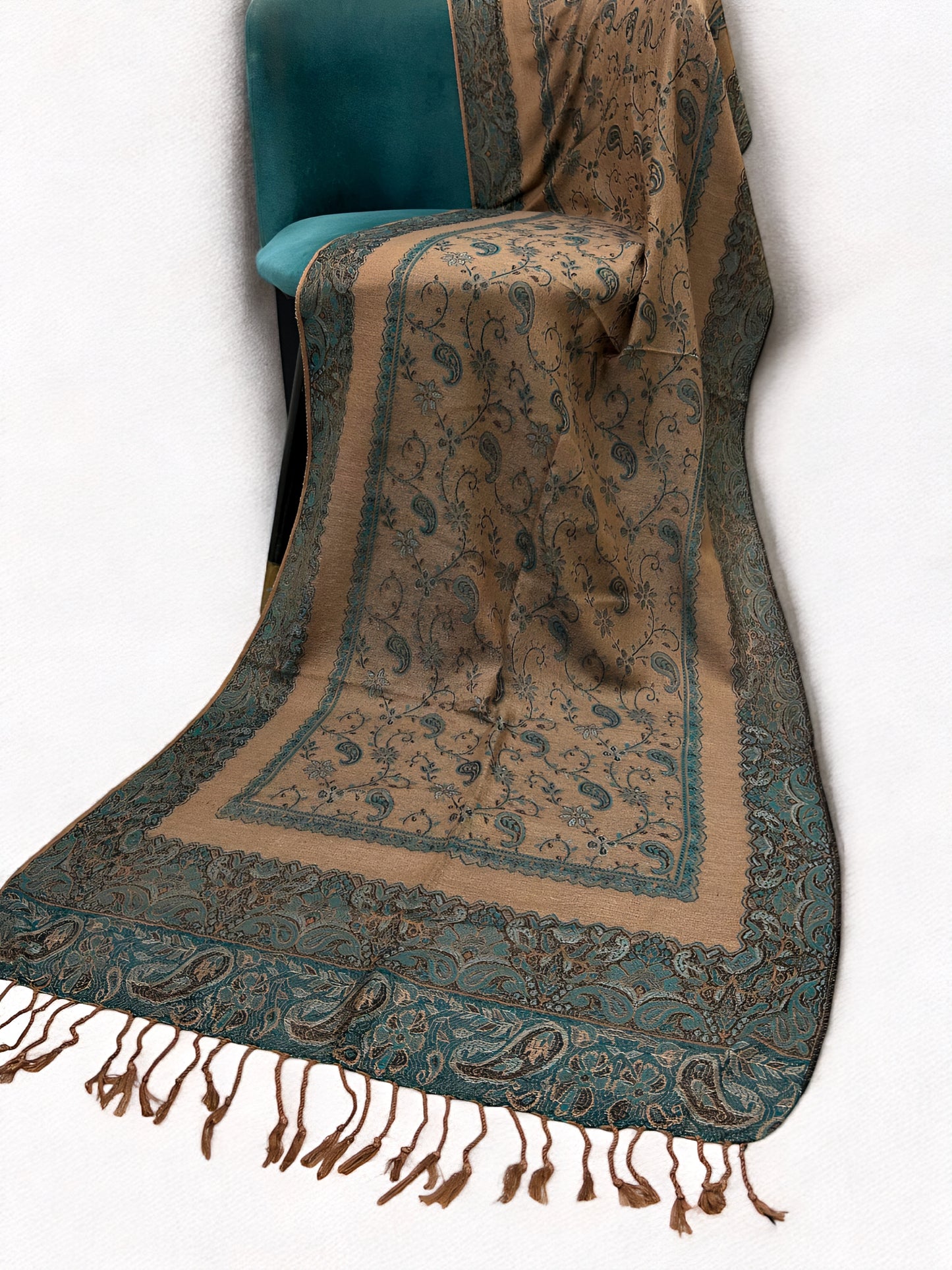 Beige Teal Green Little Paisleys Two-Tone Pashmina Hijab