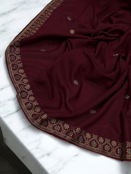 Raspberry Flowers Threadwork Embroidered Border Shaal