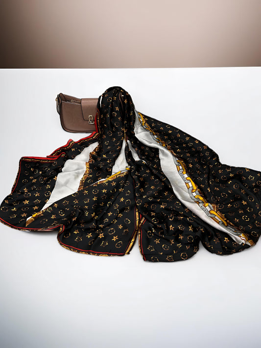 Large Satin Silk Scarf - Black Gold LV