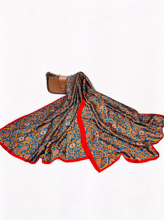 Large Satin Silk Scarf - Tangy Teal Paisleys