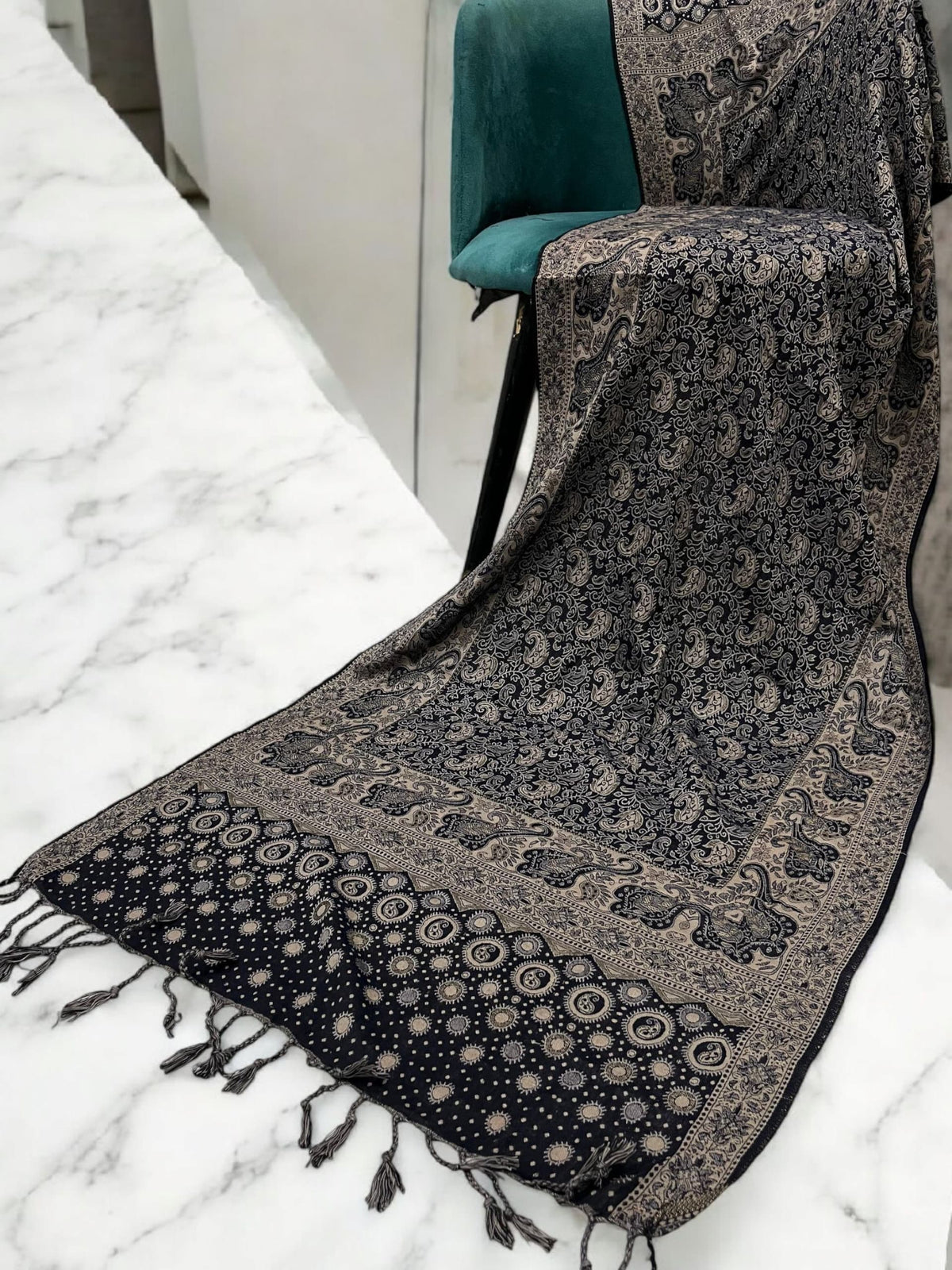 Black Light Beige Dotted Two-tone Paisley Pashmina Hijab