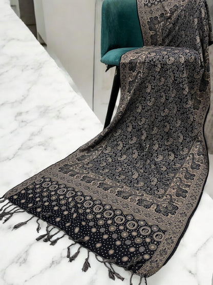 Black Light Beige Dotted Two-tone Paisley Pashmina Hijab
