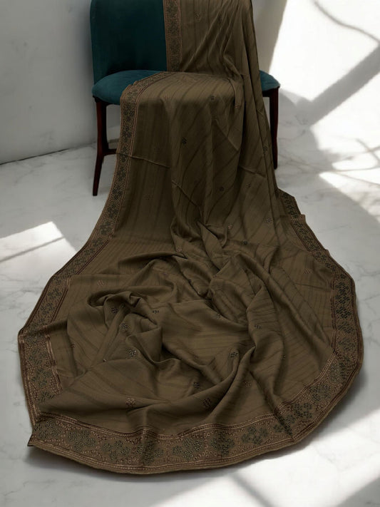 Mud Brown Beige Honeycomb Fancy Self Embroidered Shaal