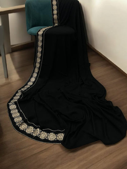 Luxury Black Cream Camellia Floral Border Korean Shaal