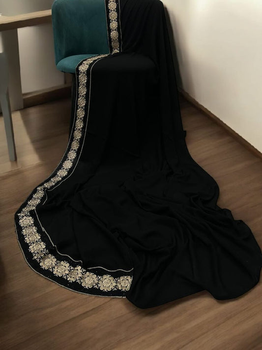 Luxury Black Cream Camellia Floral Border Korean Shaal