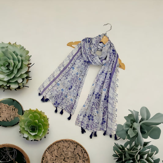 White Purple Floral Printed Lawn Tassel Hijab