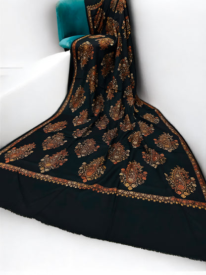 Black Coral - Hand Embroidered Paisley Kashmiri Shawl