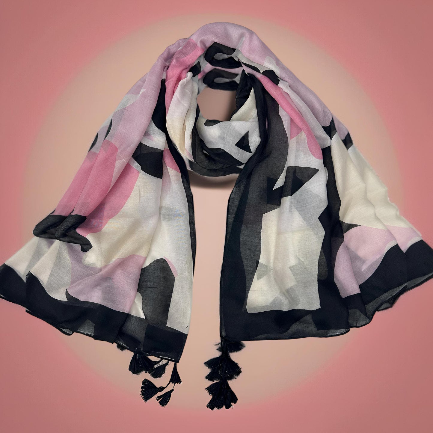 Beige Pink Geometric Printed Lawn Tassel Hijab