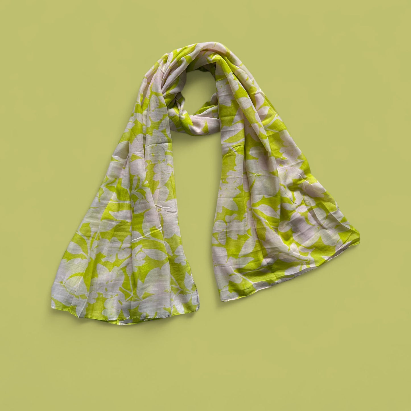 Neon Green Beige Floral Printed Modal Hijab