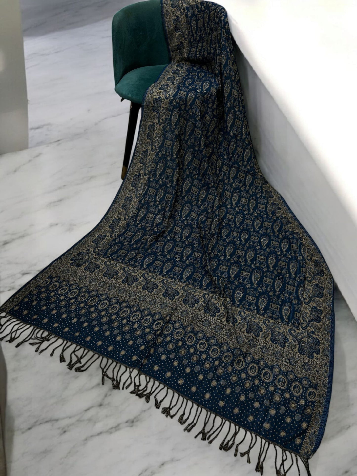 Dotted Paisley Pashmina Shawl - Airforce Blue Cream
