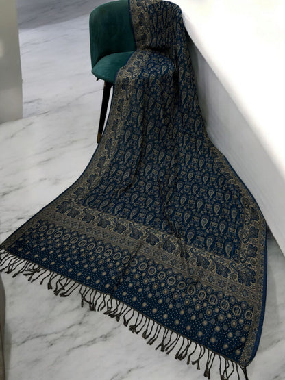 Dotted Paisley Pashmina Shawl - Airforce Blue Cream
