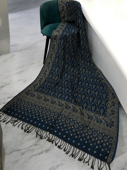 Dotted Paisley Pashmina Shawl - Airforce Blue Cream