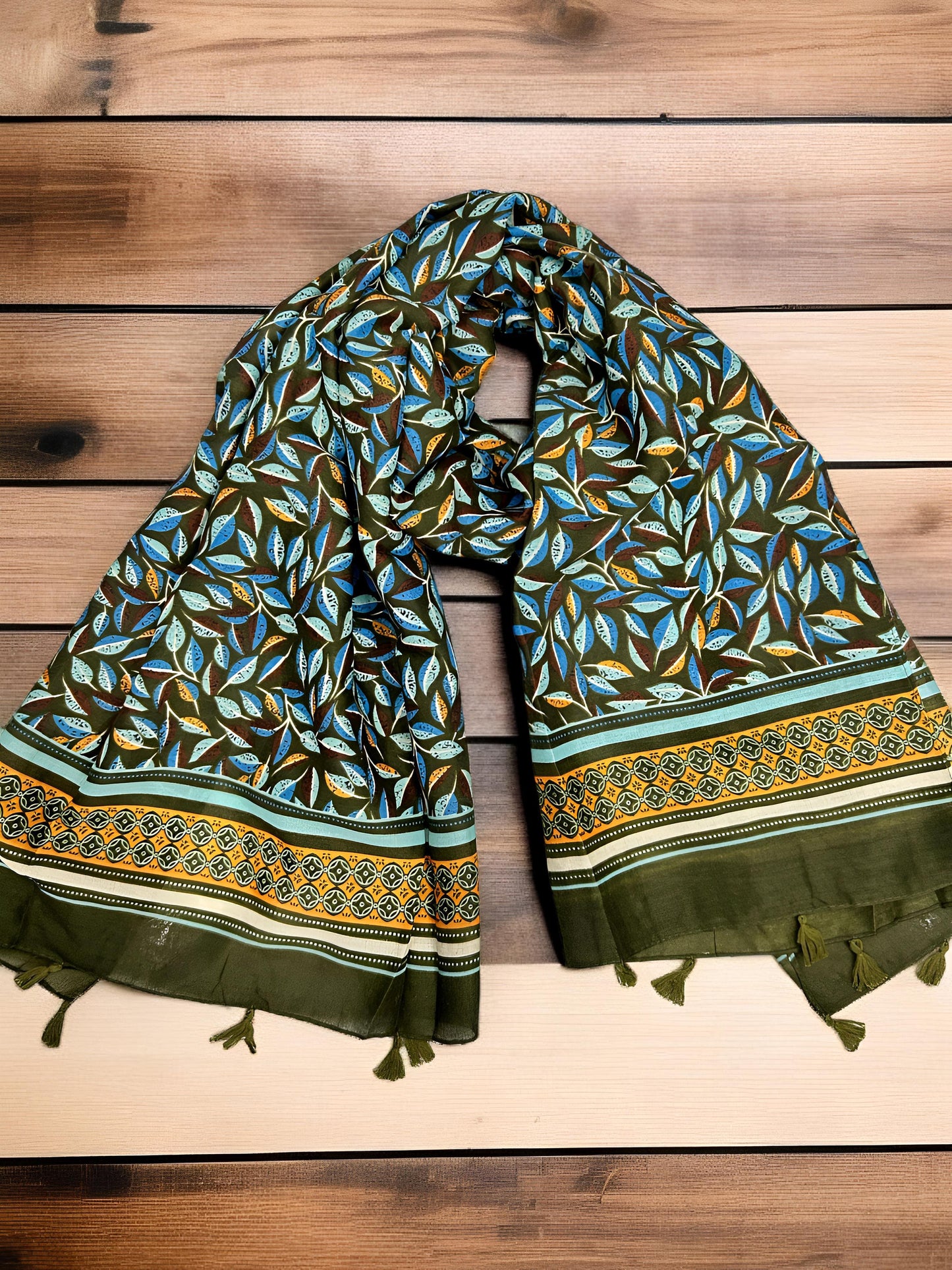 Olive Green Leaves Printed Lawn Tassel Hijab