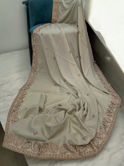 Beige Brown Orange Leaflets Fancy Embroidered Shaal