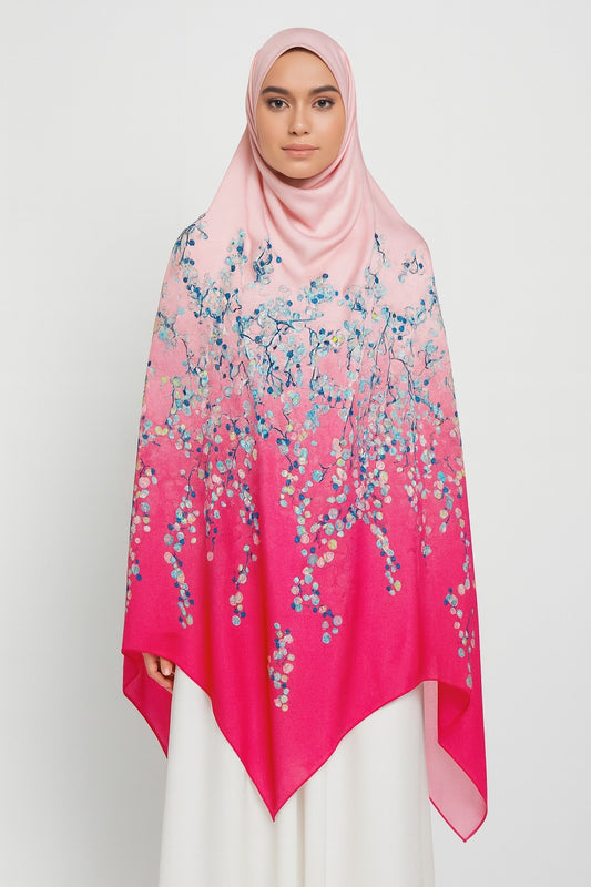 Large Satin Silk Scarf - Pink Cherry Blossom