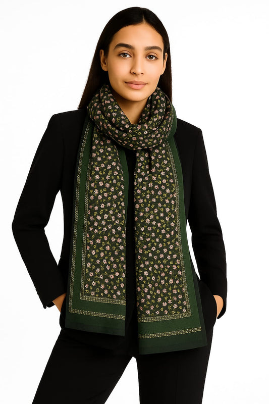 Printed Viscose Wool Hijab - Black Green Little Floral