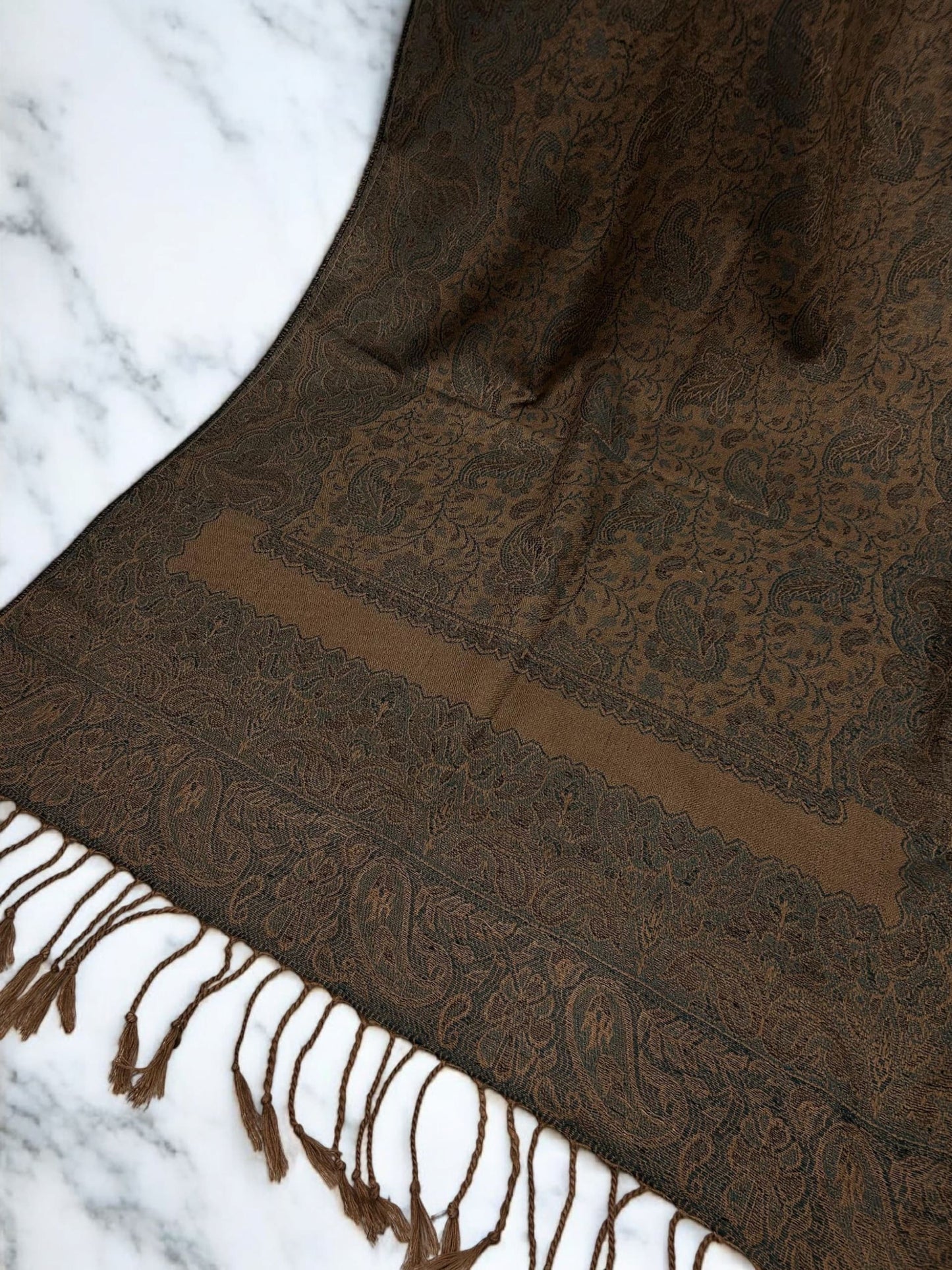 Beige Brown Light Blue Two-tone Paisley Pashmina Hijab