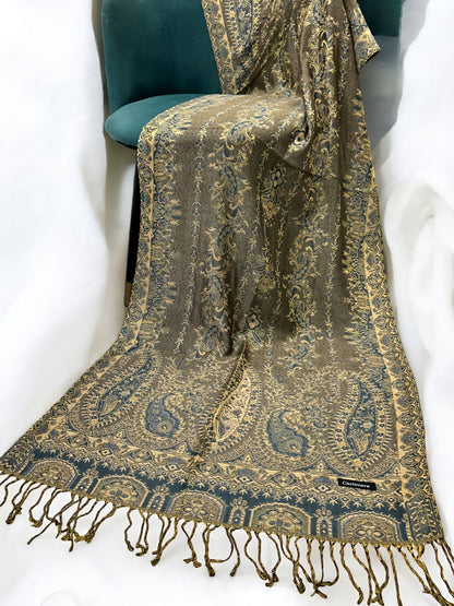 Olive Green Teal Persian Linear Paisley Two-Tone Pashmina Hijab