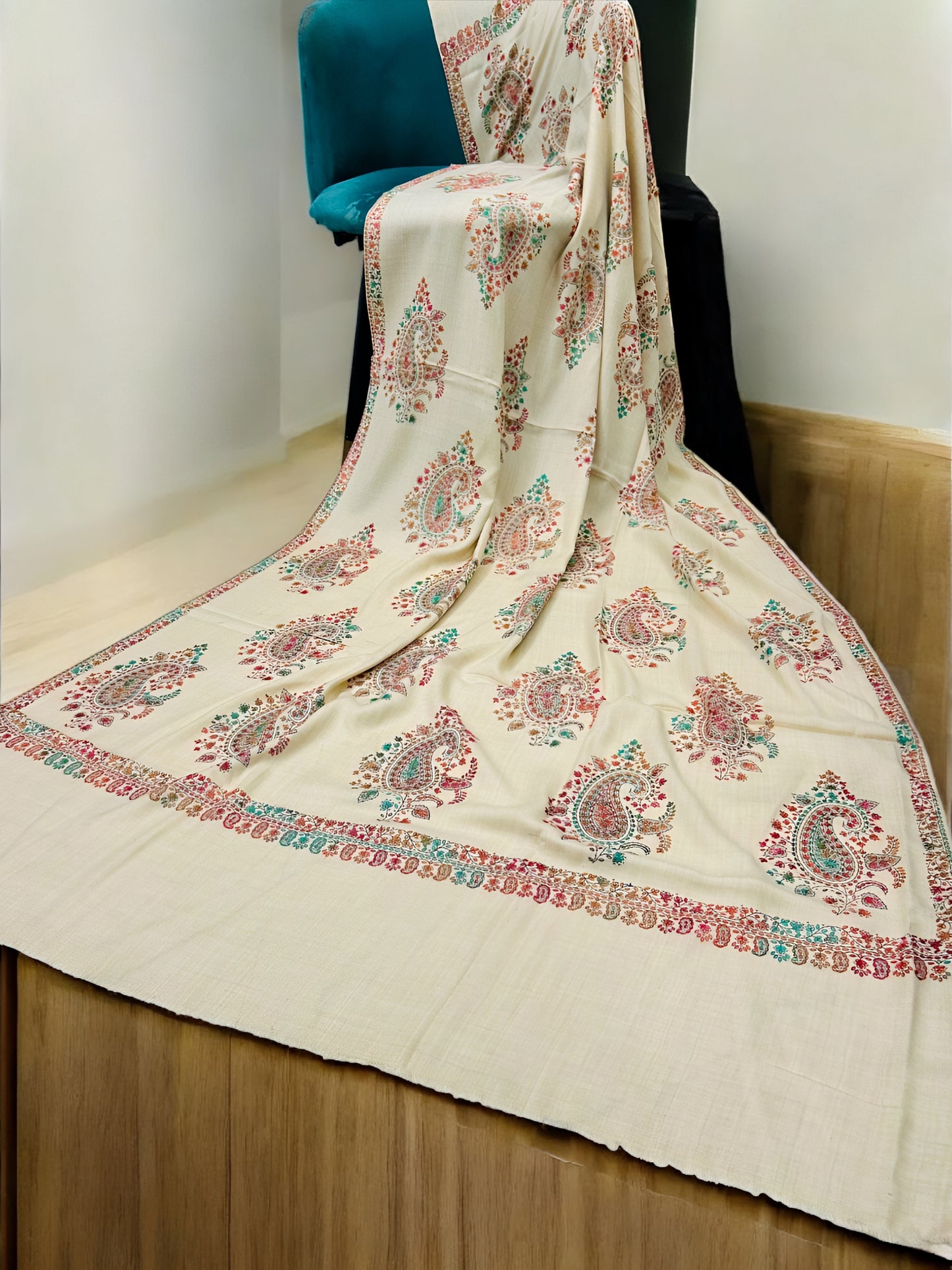 Beige Multi - Hand Embroidered Paisley Kashmiri Shawl