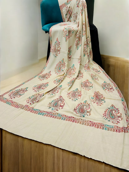 Beige Multi - Hand Embroidered Paisley Kashmiri Shawl
