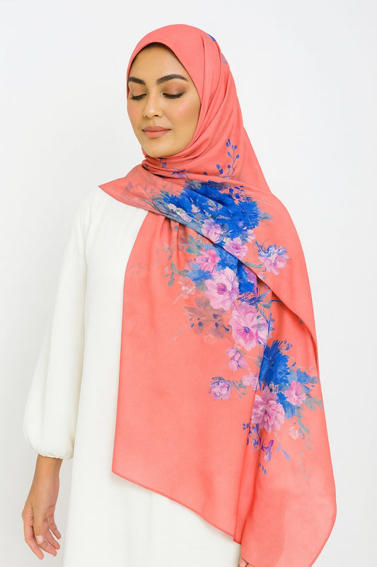 Large Satin Silk Scarf - Coral Peach Blue Floral