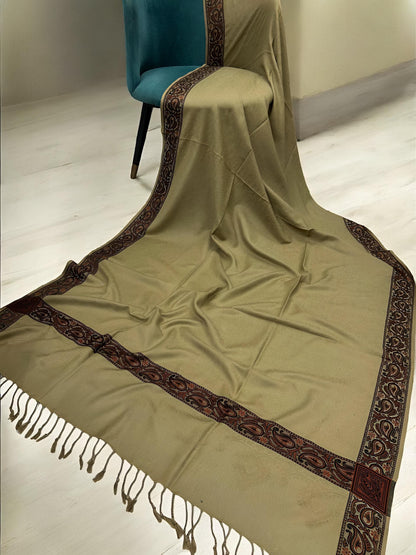 Khaki Maroon Embossed Patchwork Border Shawl