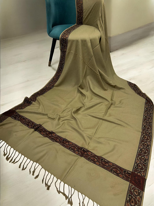 Khaki Maroon Embossed Patchwork Border Shawl