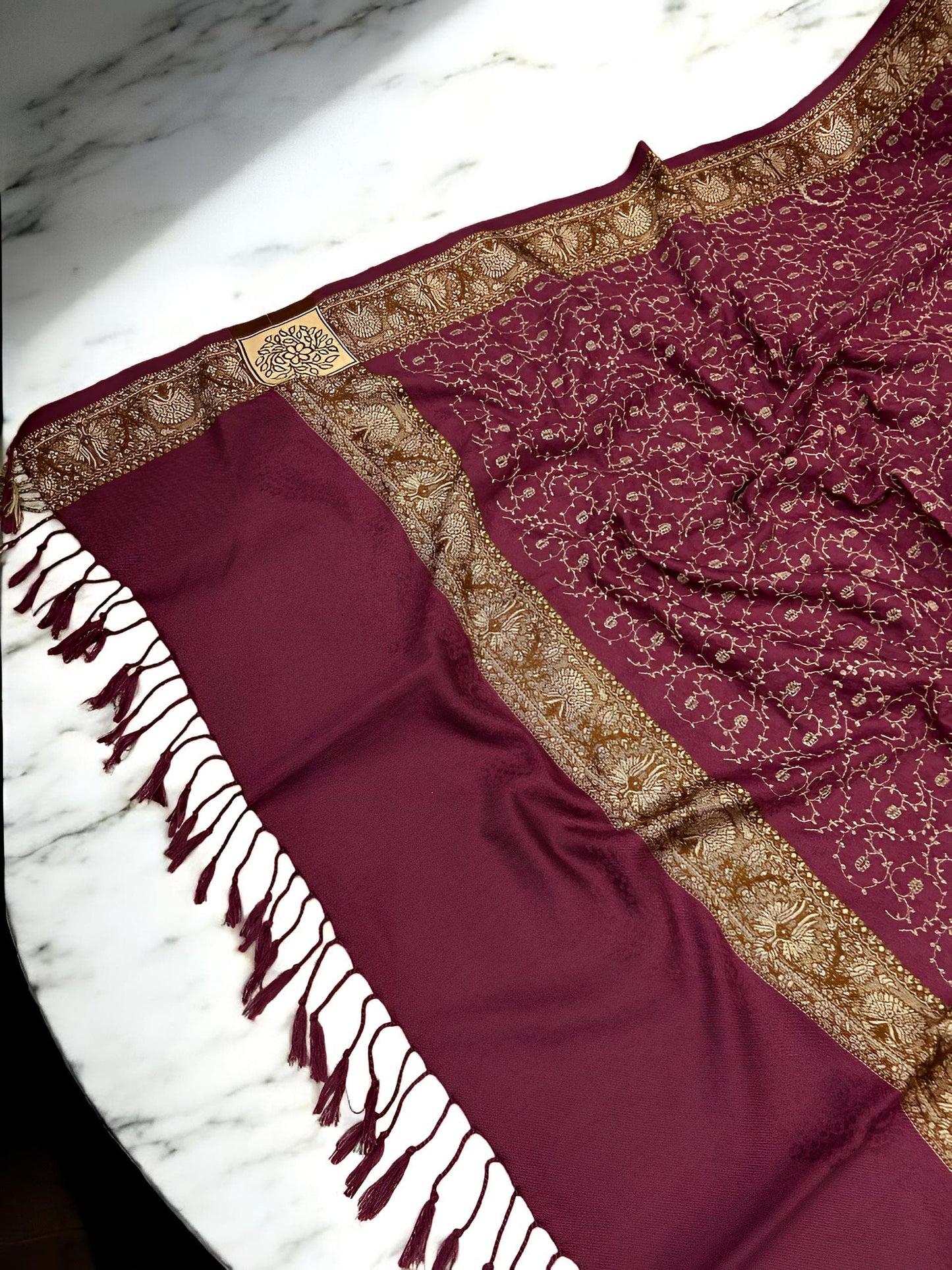 Magenta Gold Threadwork Hand Embroidered Pashmina Shawl
