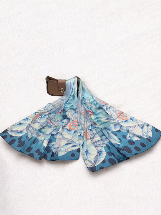 Large Satin Silk Scarf - Stratford Blue Floral