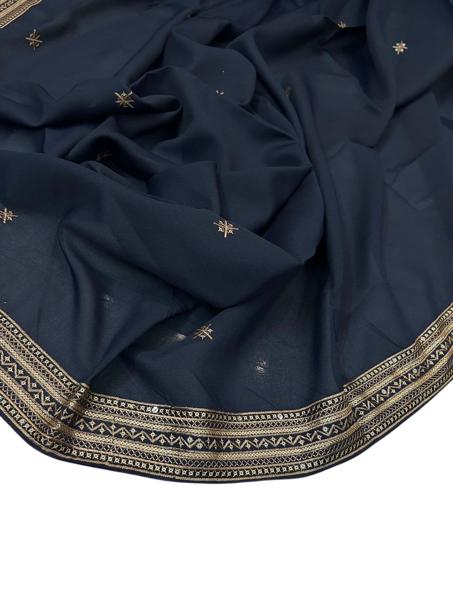 Navy Blue Cream Fancy Double Sequence Embroidered Shaal