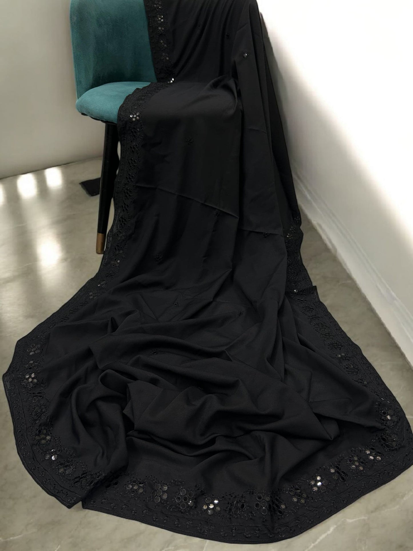 Pure Black Floral Mirrorwork Embroidered Border Shaal