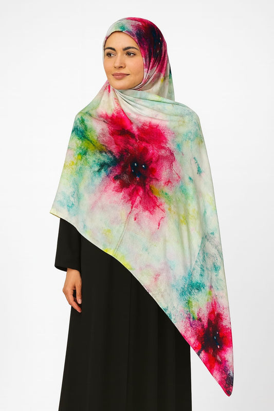 Large Satin Silk Scarf - White Pink Splatter