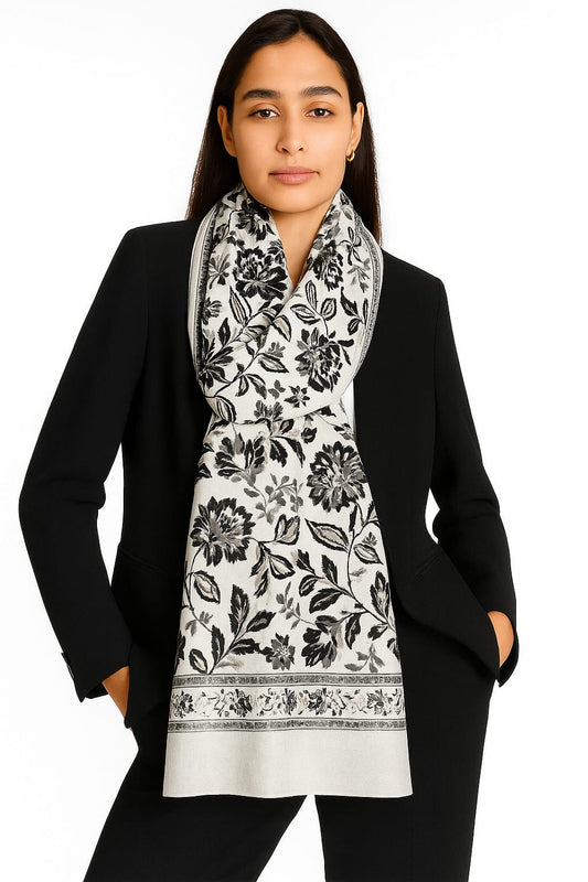Printed Viscose Wool Hijab - White Grey Floral